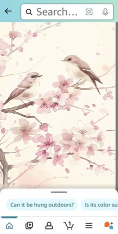 two birds sitting on top of a tree with pink flowers in front of the screen