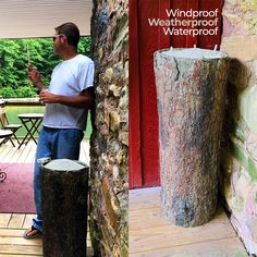 a man standing next to a tree stump