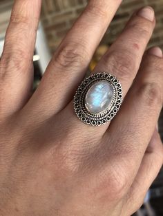 "Promotional Price Handmade piece, unique and one-of-a-kind, vintage Victorian sterling silver natural rainbow moonstone ring, size 8. --A fine piece jewelry in .925 Sterling Silver, approximately a 4 mm band. --Surface Dimensions: 1\" x 0.80\"" Vintage Moonstone Gemstone Ring, Bohemian Untreated Oval Moonstone Ring, Bohemian Oval Untreated Moonstone Ring, Bohemian Moonstone Open Ring For Anniversary, Bohemian Untreated Round Moonstone Ring, Bohemian Untreated Moonstone Ring, Bohemian Moonstone Promise Ring Stamped 925, Untreated Round Bohemian Moonstone Ring, Spiritual Moonstone Ring Stamped 925