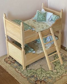 a wooden bunk bed sitting on top of a rug