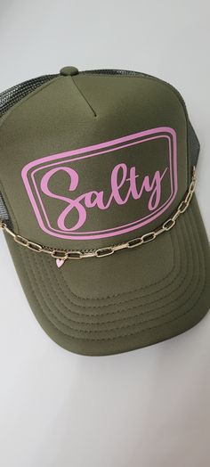 Salty sisters we are here for you!  Show some beach and sun love with this cute hat. Let people know you're salty in the best way! Beautiful handmade trucker hat with a fun bubblegum pink vinyl. Otto Brand hats. Other hat and vinyl color options available. Reach out via messages. Chain sold separately. Adjustable Gold Trucker Hat For Summer, Gold Adjustable Trucker Hat For Summer, Summer Gold Trucker Hat, Gold Casual Trucker Hat, One Size Fits Most, Casual Gold Trucker Hat One Size Fits Most, Casual Gold Trucker Hat One Size, Gold Casual Trucker Hat One Size, Gold Casual Trucker Hat, Casual Adjustable Gold Trucker Hat