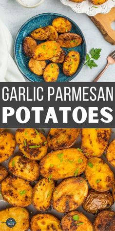 garlic parmesan potatoes with text overlay