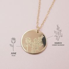 A beautiful way to keep your month in bloom. Our Birthflower Bouquet Necklace proudly displays your birthflower on a graceful pendant to remind you of your special month - no need to water or prune! Choose from 1-4 birthflowers to be engraved on your necklace. Our jewelers combine the flowers into a single and unique bouquet layout and engrave it on your disc. A perfect way to keep loved ones close to your heart and create a unique family pendant. DETAILS: 14kt gold filled or sterling silver Cho Dainty May Birthstone Flower Necklace, May Birthstone Flower Jewelry, Dainty May Birthstone Necklace With Birth Flower Detail, Round Birthstone Necklace With Birth Flower For Gift, Mother's Day Birthstone Necklace With Birth Flower For Anniversary, Birth Flower Medallion Necklace Gift, Mother's Day Gift Birthstone Necklace With Birth Flower, Rose Gold Birth Flower Necklace, Dainty Birthstone Necklace With Birth Flower Pendant