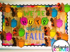 a bulletin board with the words we're nuts about fall written in bright colors