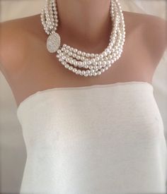 Pearl necklace , Bridal Chunky Layered Ivory Necklace with Rhinestone brooch brides bridesmaids Elegant White Rhinestone Necklace With Jewels, White Rhinestone Choker For Wedding, Crystal Brooch For Wedding Jewelry, Crystal Brooch For Wedding, Pearl White Wedding Brooch Jewelry, Pearl White Wedding Jewelry Brooch, Pearl White Wedding Brooch, White Crystal Jewelry With Brooch, Bridal Jewelry Pearl