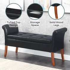 a black bench sitting in front of a wall with three pictures above it and below it