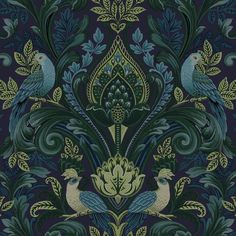 an ornate wallpaper with two birds in the center and green leaves around it on a dark blue background