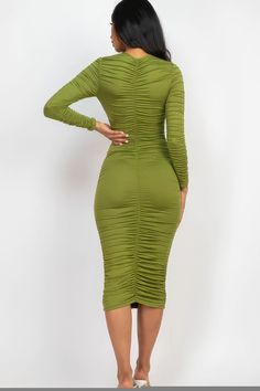 Introducing our Ruched Long Sleeve Midi Dress, a versatile and elegant addition to your wardrobe that effortlessly combines comfort and sophistication. This midi dress, available in the serene Olive Branch color, is crafted from a blend of 92% Polyester and 8% Spandex, ensuring a flattering and flexible fit.  Key Features: 1. Style: Ruched Long Sleeve Midi Dress, offering a versatile and figure-flattering silhouette for an elegant look. 2. Fabric: Crafted with care from 92% Polyester and 8% Span Classic Midi Dress, Womens Denim Dress, Jersey Style, Womens Cocktail Dresses, Dress Measurements, Olive Branch, Sleeve Midi Dress, Long Sleeve Midi, Set Outfit