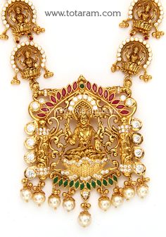 22 Karat Gold "Gaja Lakshmi" Long Necklace & Drop Earrings Set with Cz , Color Stones & Japanese Culture Pearls - 235-GS3651 - in 122.750 Grams for USD $10113.94. 
Made in India by Totaram Jewelers Online this product is in Gold - 22 Karat BIS Hallmark 916 KDM Gold  & is an excellent gift for Adult - Women. Ships fully insured with secured guaranteed delivery for free with your order over $250 from New Jersey USA & comes with 30 days exchange policy. Festive 22k Gold Temple Necklace For Anniversary, Traditional 22k Gold Kundan Anniversary Necklace, Temple Jewelry Necklace For Anniversary And Festivals, Temple Necklace For Anniversary And Festivals, 22k Gold Temple Necklace With Intricate Design For Anniversary, 22k Gold Temple Jewelry Sets For Anniversary, Temple Jewelry Style Kundan Necklace For Diwali Anniversary, Gaja Lakshmi, 22k Gold Jewelry