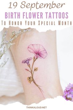 a flower tattoo on the side of a woman's arm with text that reads, 19