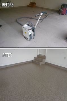 before and after photos of a garage floor cleaning service in the process of being cleaned