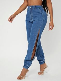 This unique open side denim pants is both comfy and stylish featuring cuffed ankles. Pair with favorite top or bodysuit. Made with a cotton and denim blend. Split Jeans, Denim Shorts Outfit, Casual Denim Jeans, Casual Denim Pants, Denim On Denim, Leg Split, Streetwear Jeans, Outfit Jeans, Denim Joggers