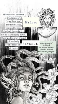 a drawing of a woman with snakes on her head and flowers in her hair, next to the words medusa