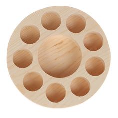 a wooden tray with eight holes in the center and six circles at the bottom, on a white background