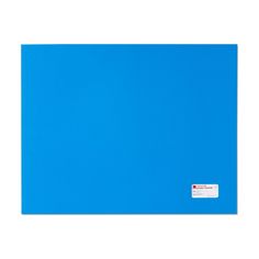 a blue folder with a white sticker on the front and bottom corner is shown