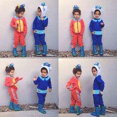 four pictures of a little boy dressed up in different outfits and holding his thumb up