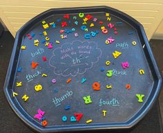 a child's play tray with letters and words written on the bottom in different colors