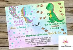 a little mermaid birthday party card with an image of a dinosaur