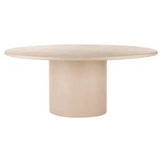 a round table with a white top and wooden base on an isolated surface, viewed from the front