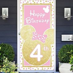 a pink and gold minnie mouse birthday door sign with the number 4 on it's front