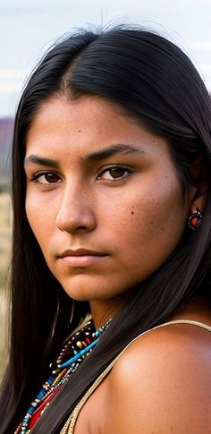 a woman with long black hair and jewelry on her neck is looking at the camera