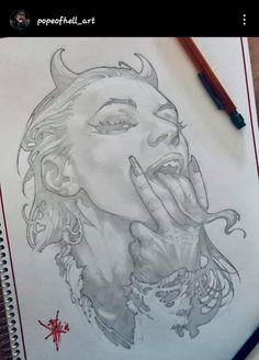 a pencil drawing of a woman with horns on her head and hands in front of her mouth