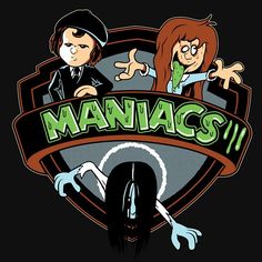 the logo for manias is shown on a black background with an image of two people