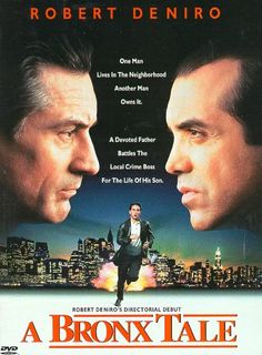 a bronx tale movie poster with two men facing each other in front of a cityscape