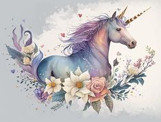 the unicorn is surrounded by flowers and butterflies on his back, as if it were painted with watercolors