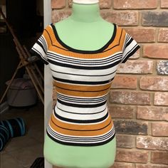 Striped Orange White And Black Top Trendy Fitted Orange T-shirt, Fitted Orange Trendy T-shirt, Stretch Orange T-shirt Casual Style, Fitted Orange Casual T-shirt, Riverside Cottage, Sweater Tshirt, Pacsun Tops, Striped T Shirt, White Casual