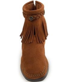 Minnetonka Concho Suede Fringe Boots | Dillard's Suede Fringe Boots With Closed Toe, Suede Fringe Boots, Fringe Boots, Suede Fringe, Antique Metal, Dillard's, Clothing Accessories, Womens Boots, Latest Trends