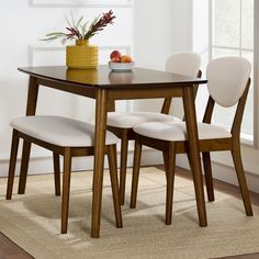 4-Piece Mid-Century Modern Upholstered Wooden Dining Set w/ 2 Chairs Mid Century Table Dining, Midcentury Modern Kitchen Table, Cushion Chairs, Walnut Cream, Cream Cushions, Wooden Dining Set, Apartment Dining, Mid Century Modern Wood, Kitchen Table Chairs