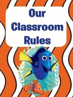 an orange and white striped book cover with blue fish on it, the title reads our classroom rules