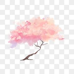 a tree with pink leaves on it, painted in watercolors and placed on a white background