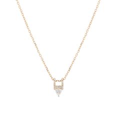 Trillions are some of our favorite diamond cuts as they feel modern, geometric and clean. This piece is accented with our signature equilibrium diamonds and is dainty in scale, but eye catching. Details: - 3 mm trillion diamond - G/VS - Three 1 mm diamonds - 16" cable chain Modern Diamond Necklace With Diamond Cut, Modern Diamond Necklace In Diamond White, Modern Diamond White Diamond Necklace, Modern Diamond Cut Necklace, Diamond White Necklace With Si Clarity Diamonds, White Gold Diamond Necklace With Si Clarity, Modern Trillion Cut Jewelry With Single Cut Diamonds, Modern Diamond Solitaire Necklace, Minimalist Trillion Cut Diamond Jewelry