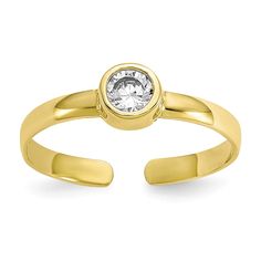 Add a little bling to your feet with a shiny 10k yellow gold toe ring! This one features a high polished 1.5mm band with a bezel-set 3mm round cubic zirconia and an open back design that adjusts easily for the perfect fit. Made in the U.S.A. Gold Toe Rings, Gold Diamond Wedding Band, Morganite Engagement, Morganite Engagement Ring, Rose Engagement Ring, Toe Ring, Unique Diamonds, Shop Engagement Rings, Diamond Cluster Ring