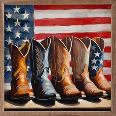 a painting of four cowboy boots in front of an american flag on a wooden frame