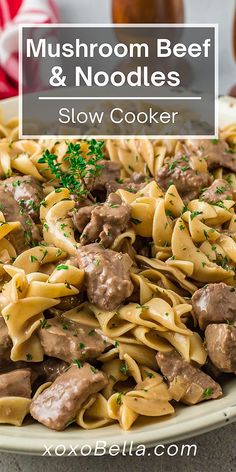 mushroom beef and noodles in a slow cooker on a white plate with parsley