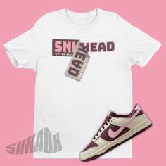 shirt to match nike dunk valentine's day Pink Branded T-shirt For Streetwear, Pink Graphic Print Sneakers For Streetwear, White Cotton Sneakers With Graphic Print, Sporty Cotton Sneakers With Graphic Print, Pink Branding T-shirt For Streetwear, Dunk Low Valentines Day, Sneaker Match Tees, Nike Dunk Low, Crew Neck Shirt