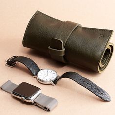 Full grain leather watch roll. Perfect companion to carry vintage watches. #watch #naturalmaterials #travel #gifts #mensgear #watchcase #design #product #cottoninterior #vintagewatches #vintage #mensvintage #vintagefashion Classic Green Watch Accessories For Everyday Use, Modern Green Watch Accessories For Everyday Use, Luxurious Watch, Leather Watch Roll, Green Watch, Watch Roll, Mens Gear, Mens Lifestyle, Leather Travel