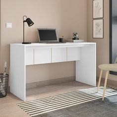 a white desk with a laptop on it