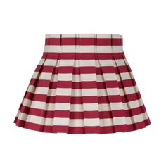 a red and white pleated skirt with stripes on the bottom, in front of a white background