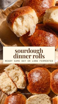 some bread rolls sitting on top of a wooden cutting board with the words sourdough dinner rolls ready to be eaten