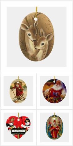 four christmas ornaments are hanging on the wall with santa claus and deers in them