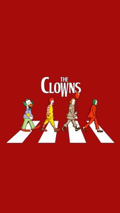 the clowns are walking across the street in front of an orange and red background