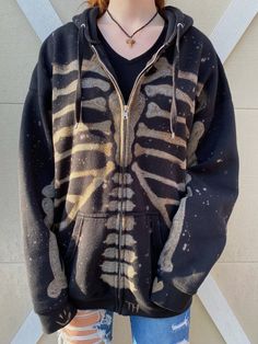 This is a super soft zip-up hoodie with a skeleton bleached onto it by hand. The hoodies are either Gildan or Fruit of the Loom (depending on size), they are a durable and not thin. The design is painted on using a hand-cut stencil, so your hoodie will be very similar with how the picture looks (but of course, being handmade, it won't be EXACTLY identical). Shipping is FREE and SUPER QUICK! Usually arrives within 3-5 days after order date. Feel free to contact me on Etsy with any additional ques Grunge Outfits Women, Bleaching Clothes, Womens Sweater Coats, Zipper Cardigan, Lana Del Ray, Sweater Coat, Swaggy Outfits, Really Cute Outfits, Halloween Skull