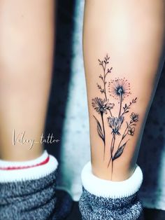 three pictures of the same person's legs with tattoos on them, one has a dandelion tattoo