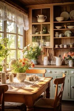 a wooden table sitting in front of a window filled with flowers