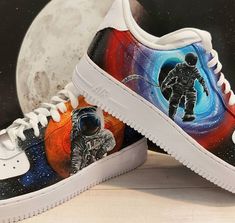 Unique hand painted nike shoes with beautiful galaxy theme,you can have them fully customized with any space/galaxy theme!they are painted with the best quality leather paints and extra acrylic protective sealer for extra durability! Custom Nike Shoes Air Force, Shoes Birthday Gift, Artsy Shoes, Custom Converse Shoes, Disney Princess Shoes, Shoes Air Force, Beautiful Galaxy, Galaxy Shoes, Painted Nikes