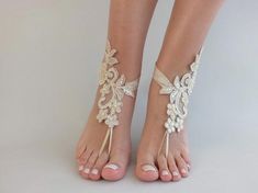 Champagne Lace Sandal Beach Wedding Barefoot Sandals | Etsy Elegant Spring Barefoot Sandals With Adjustable Fit, Elegant Summer Ankle Wrap Barefoot Sandals, Spring Wedding Beige Sandals, Beige Sandals For Spring Wedding, Elegant Spring Party Barefoot Sandals, Elegant Barefoot Sandals For Spring Party, Elegant Summer Wedding Shoes For Destination Wedding, White Barefoot Sandals For Party, Elegant Summer Wedding Shoes For Ceremony